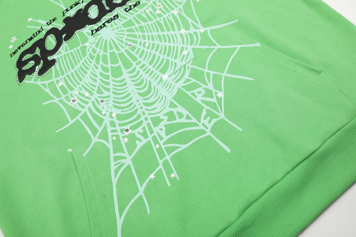Sp5der Green Web Graphic Hoodie & Pants Matching Set ¡ª detail