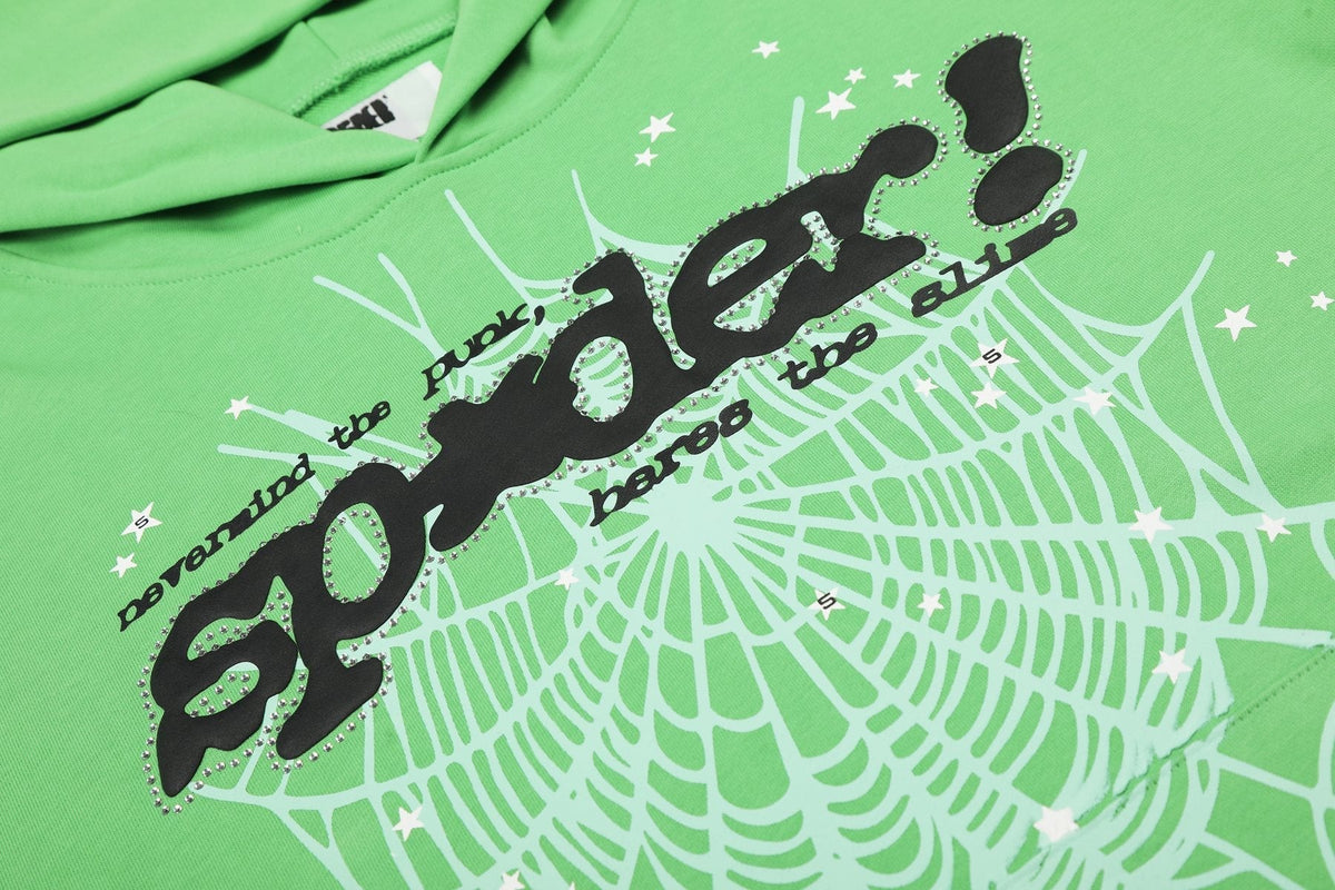 Sp5der Green Web Graphic Hoodie & Pants Matching Set ¡ª detail