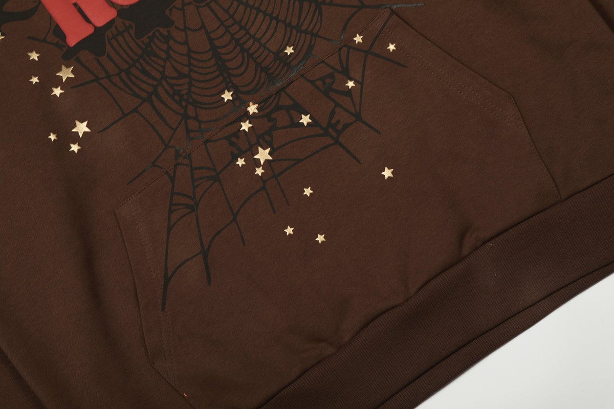 Sp5der Brown Western Spiderweb Graphic Hoodie ¡ª detail