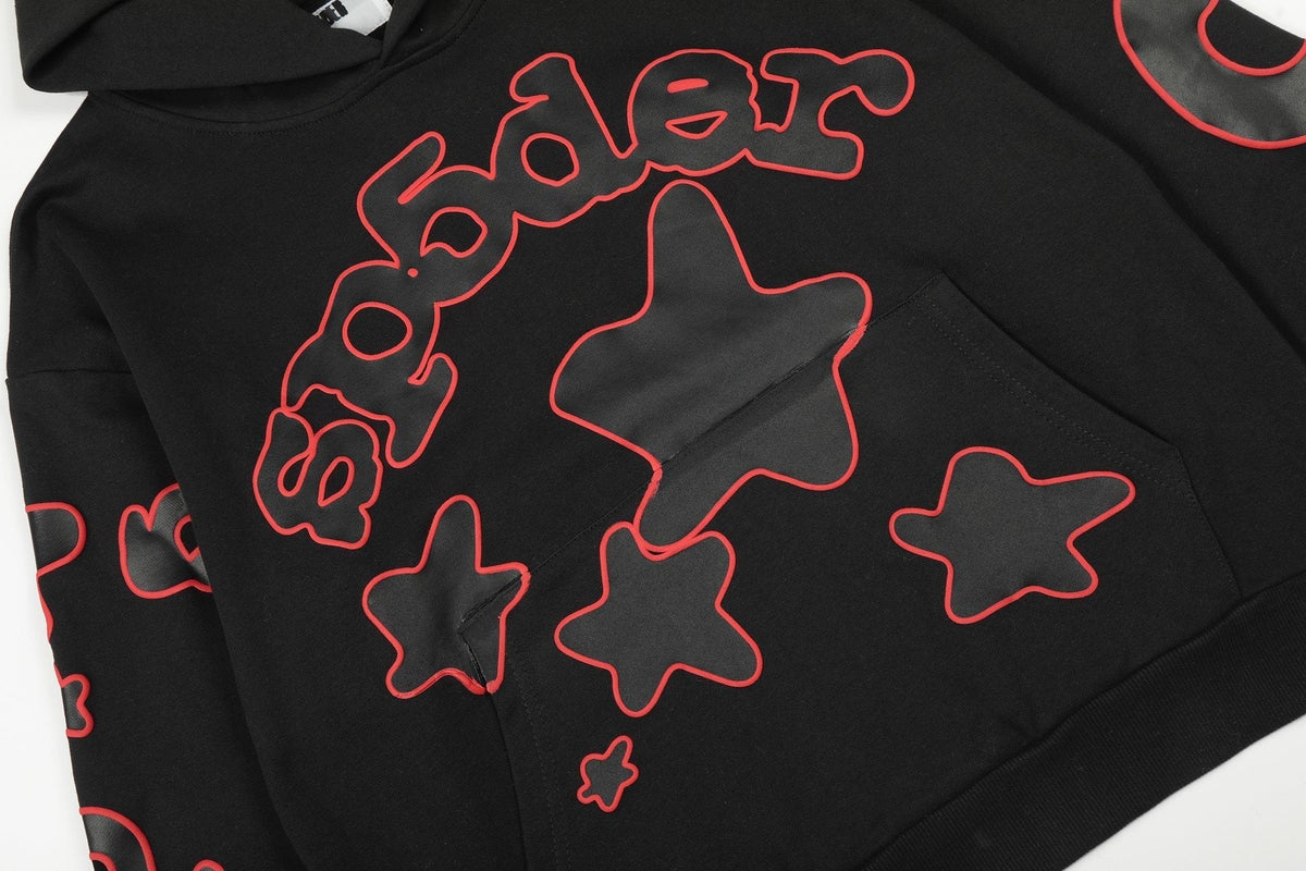 Sp5der Black Red Outline Star Graphic Hoodie ¡ª detail
