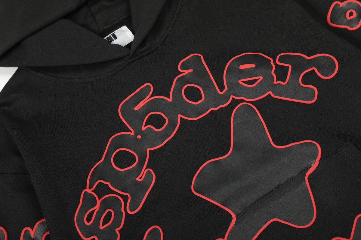 Sp5der Black Red Outline Star Graphic Hoodie ¡ª detail