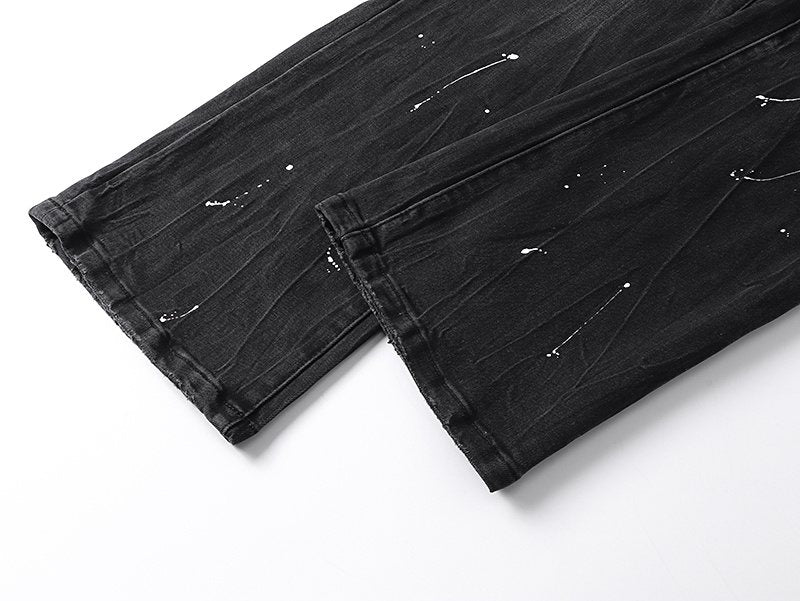 Purple Brand Black Paint-Splatter Distressed Flared Jeans ¡ª detail