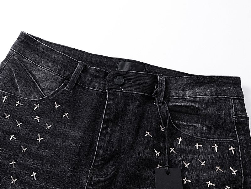 RTA Black Cross-Stud Washed Denim Jeans ¡ª detail