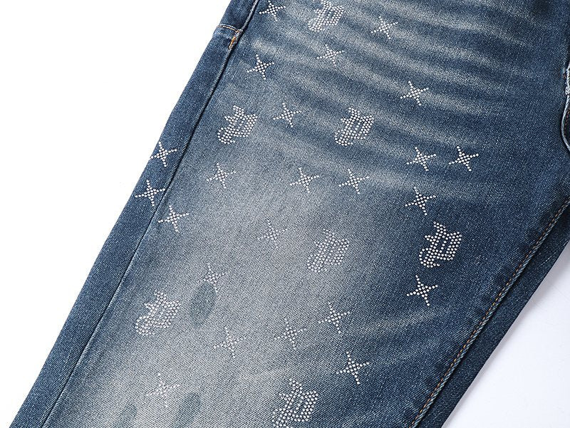 Purple Brand Blue Rhinestone-Style Motif Jeans ¡ª detail