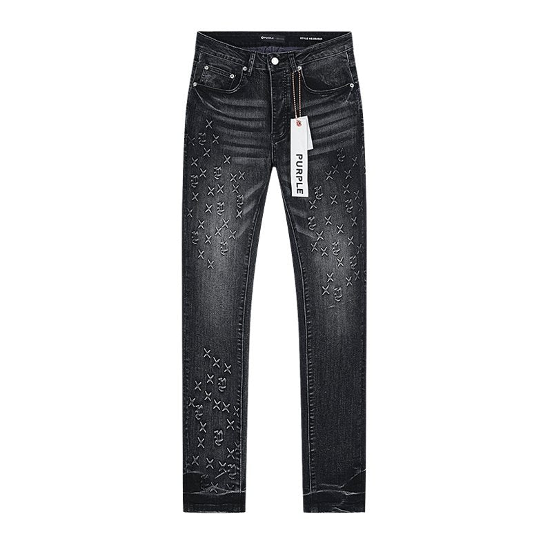 Purple Brand Washed Black Embroidered Jeans ¡ª front