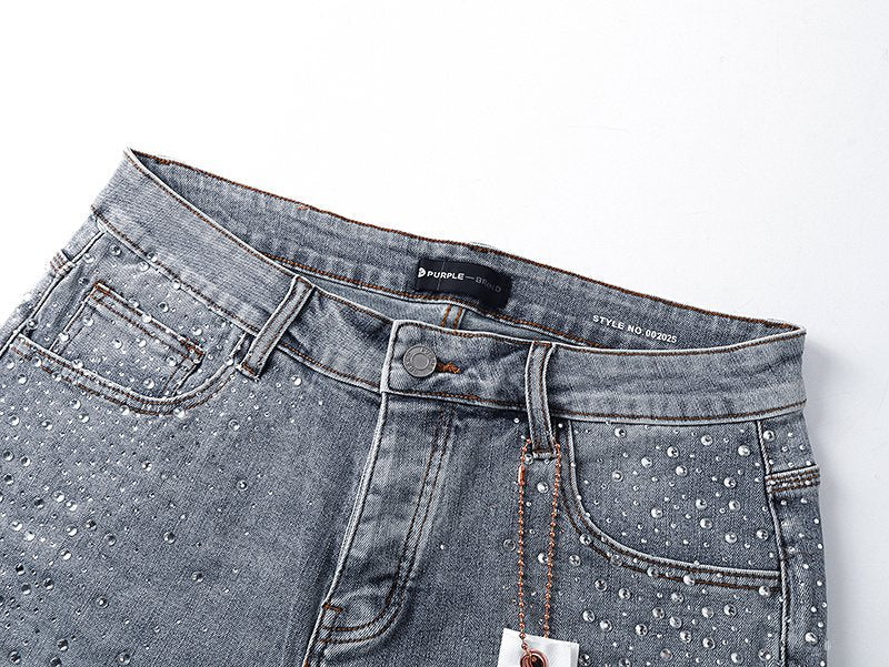 Purple Brand Rhinestone Light Wash Denim Shorts ¡ª detail
