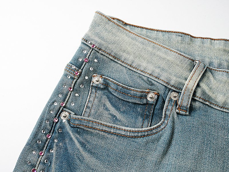 Purple Brand Light Blue Studded Denim Shorts ¡ª detail