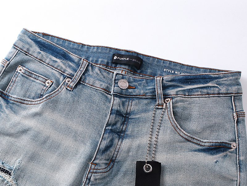Purple Brand Light Blue Distressed Raw Hem Denim Shorts ¡ª detail