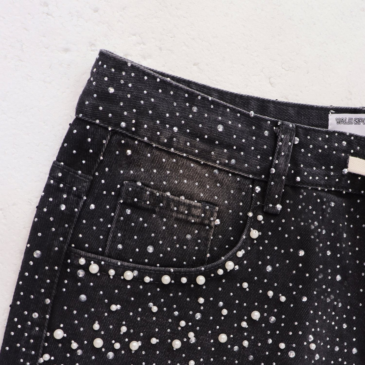 VALE Pearl-Studded Washed Denim Shorts ¡ª detail