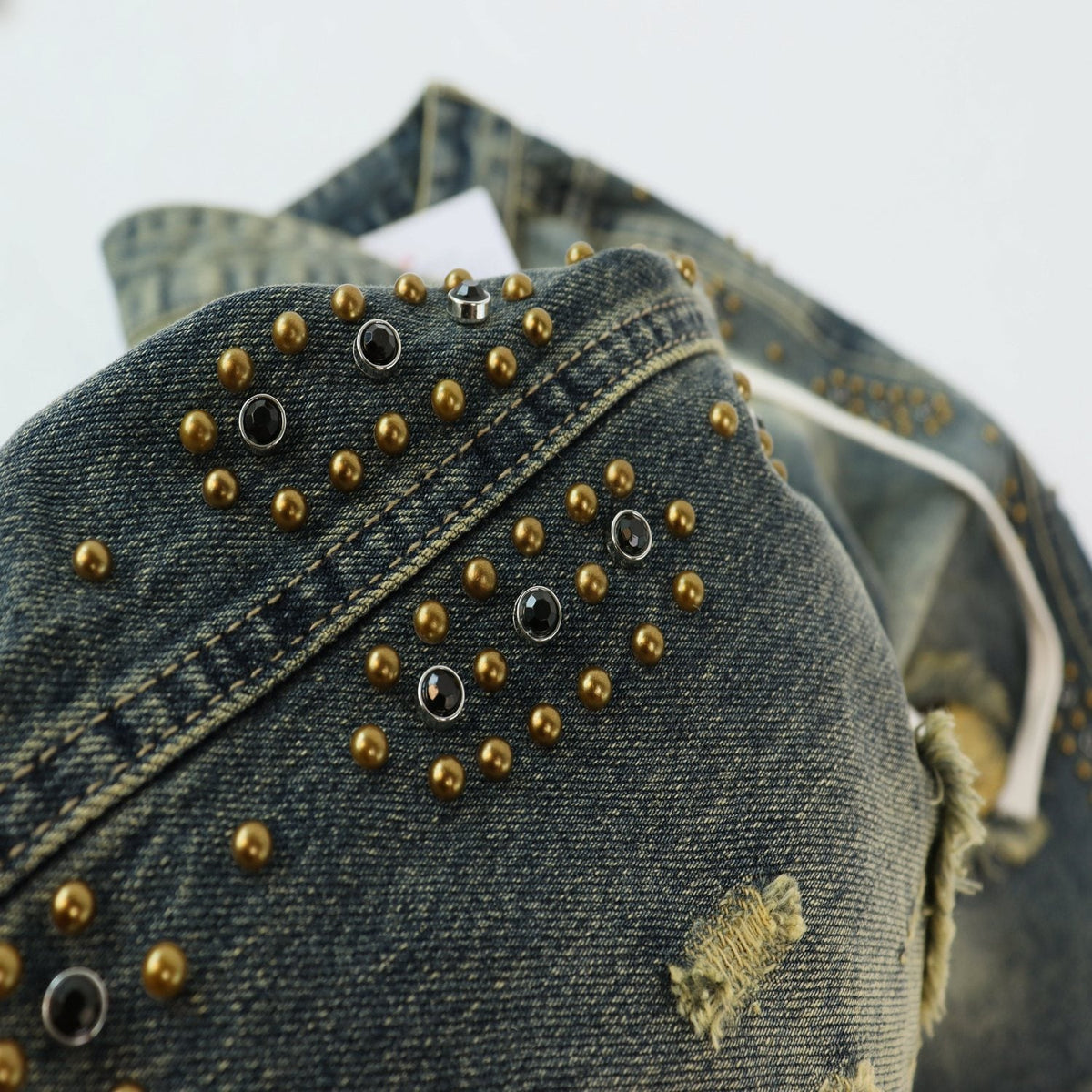 VALLEY Studded Distressed Washed Denim Shorts ¡ª detail