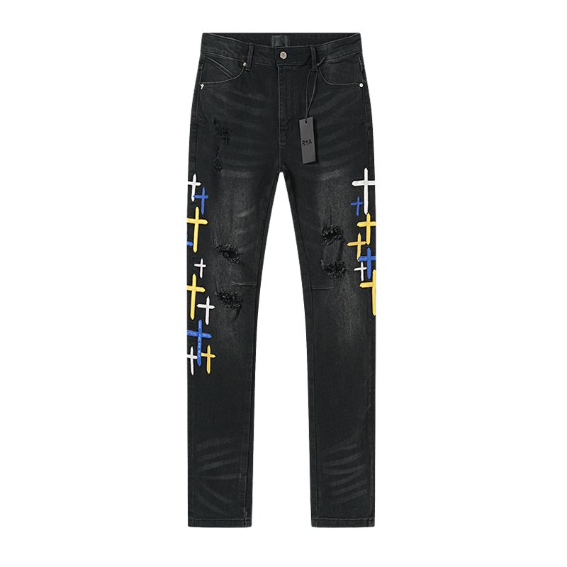 R+A Cross Embroidered Distressed Jeans ¡ª front