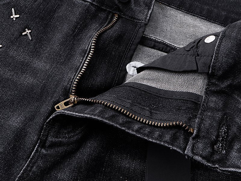 R+A Cross-Stud Washed Black Jeans ¡ª detail