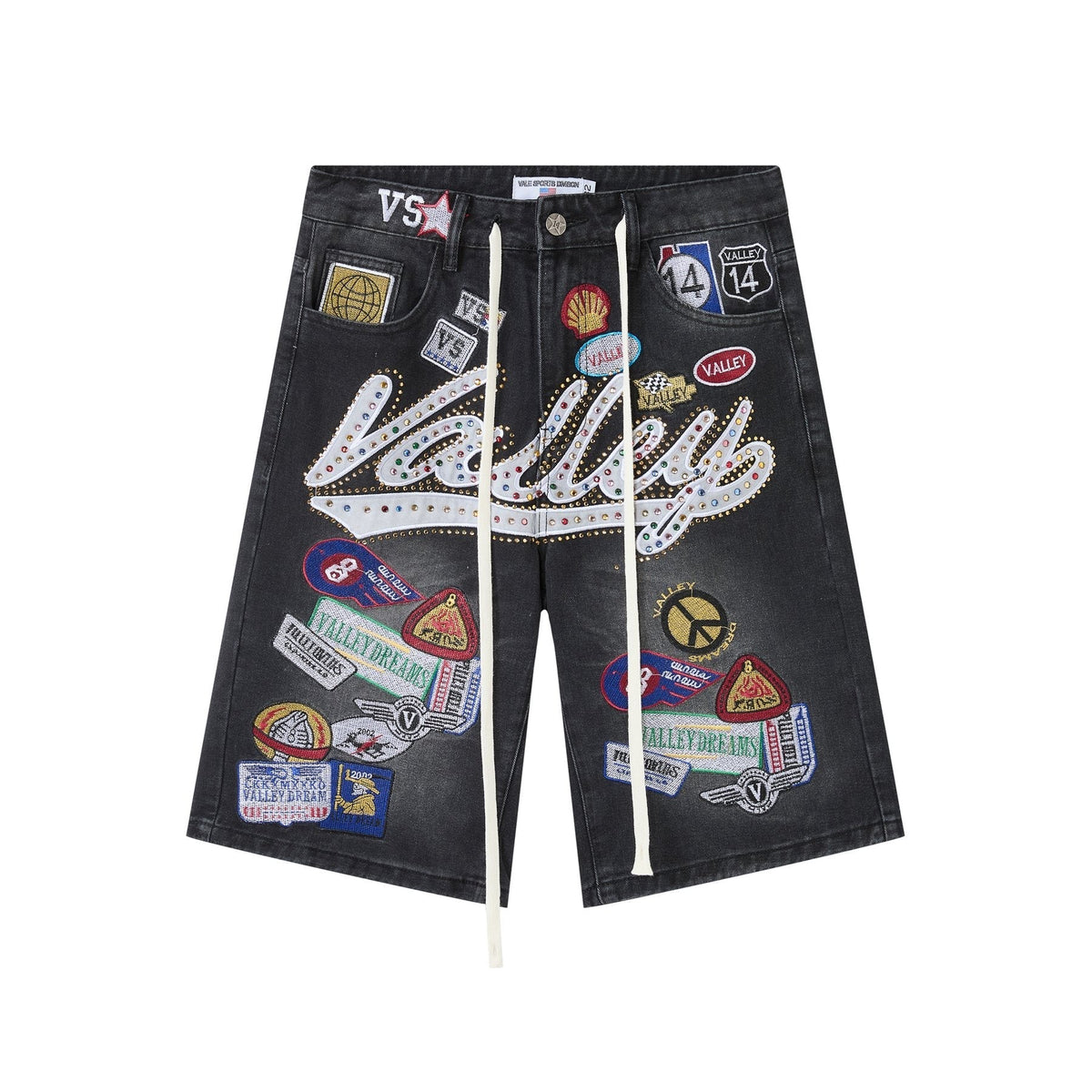 VALE 1980s Patch Rhinestone Denim Shorts ¡ª front