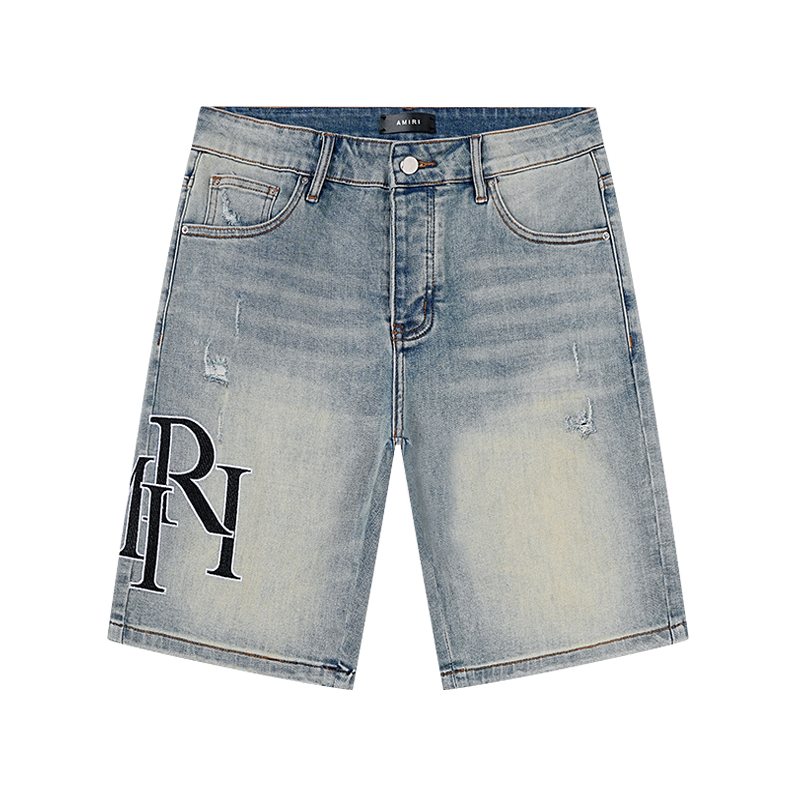 AMIRI Light Blue Distressed Monogram Denim Shorts ¡ª front