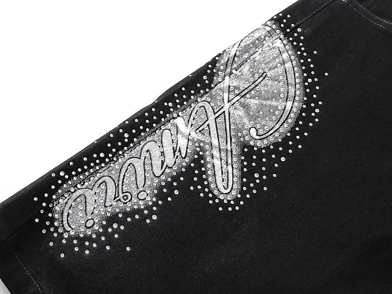 AMIRI Black Rhinestone Script Denim Shorts ¡ª detail