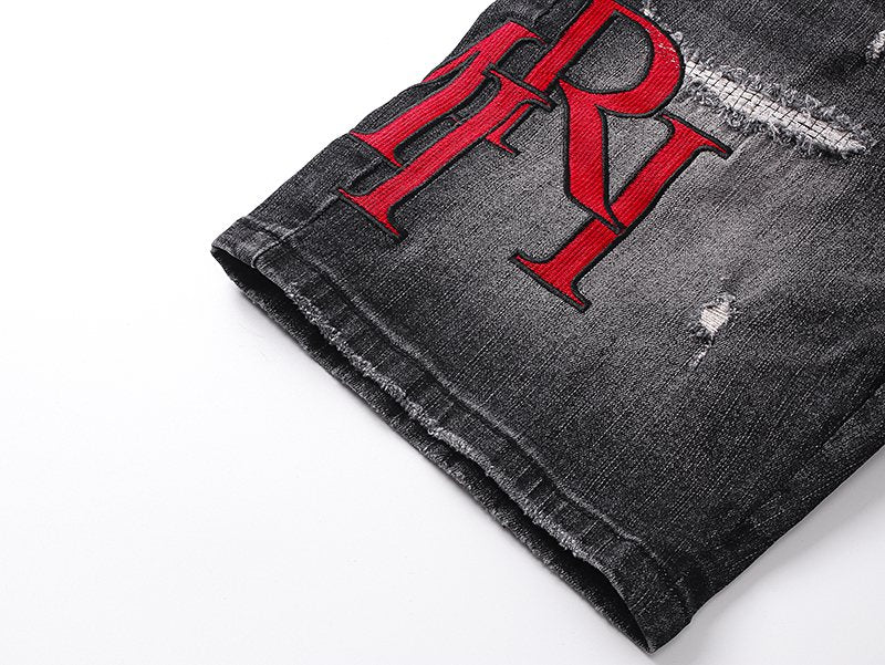 AMIRI Washed Black Embroidered Denim Shorts ¡ª detail