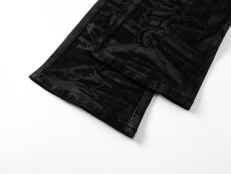 Purple Brand Black Coated Crinkle Flared Jeans ¡ª detail