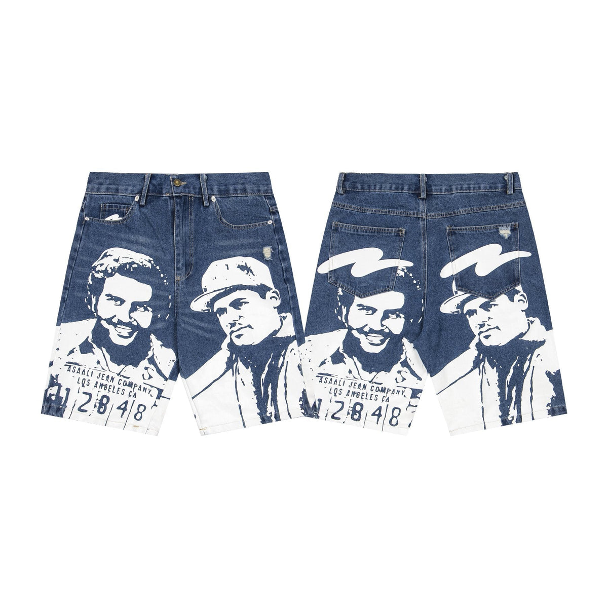 ASAALL Portrait Graphic Washed Denim Shorts ¡ª front