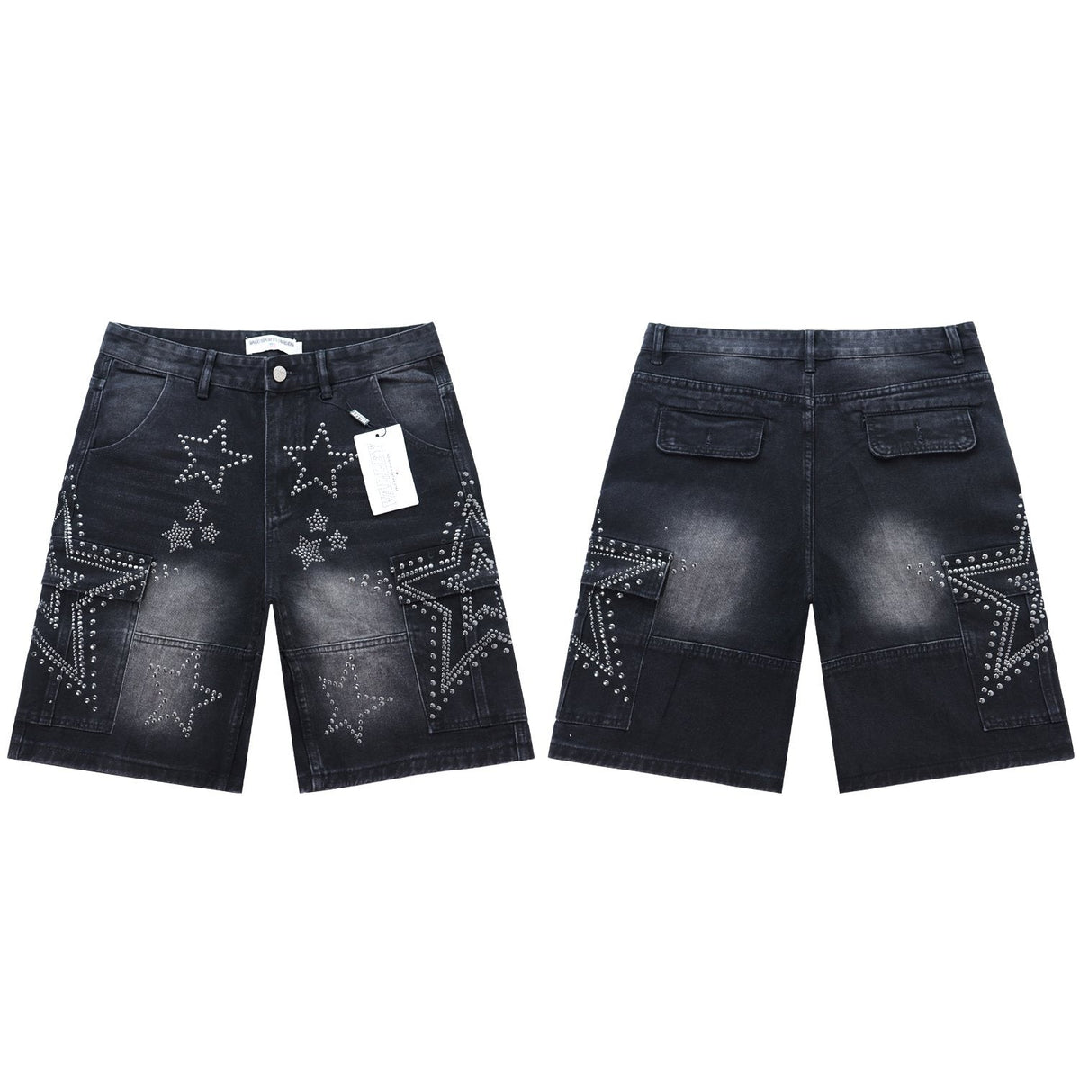 VALLEY Star Rhinestone Denim Cargo Shorts ¡ª front