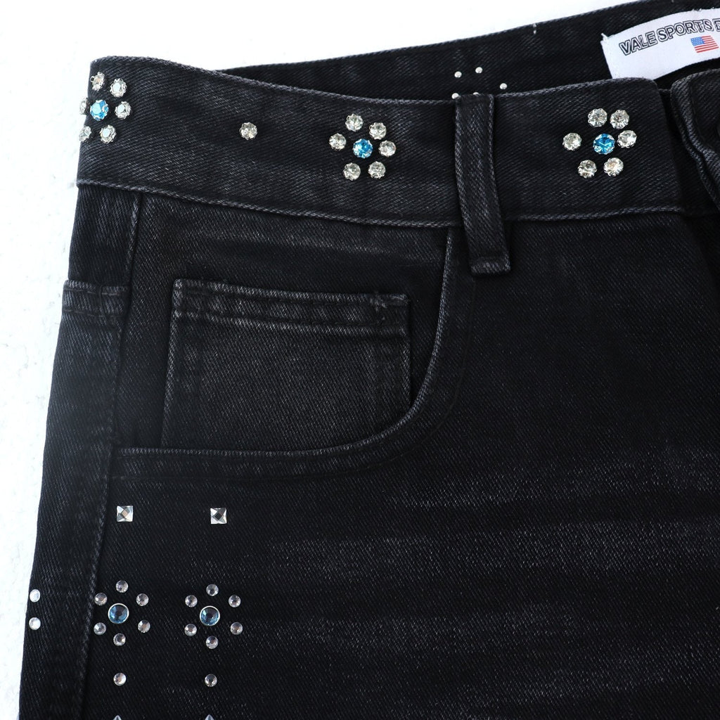 Vale Forever Rhinestone Side-Detail Washed Denim Shorts ¡ª detail