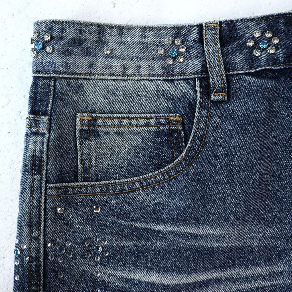 Vale Forever Rhinestone Side-Detail Washed Denim Shorts ¡ª detail