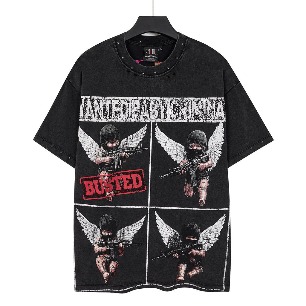SAINT Rhinestone Distressed Graphic T-Shirt ¡ª front