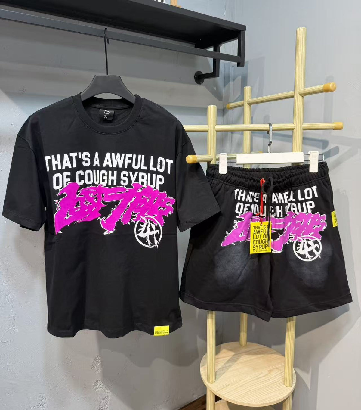 THAT'S A AWFUL LOT OF COUGH SYRUP Pink Graffiti T-Shirt & Shorts Set ¡ª front