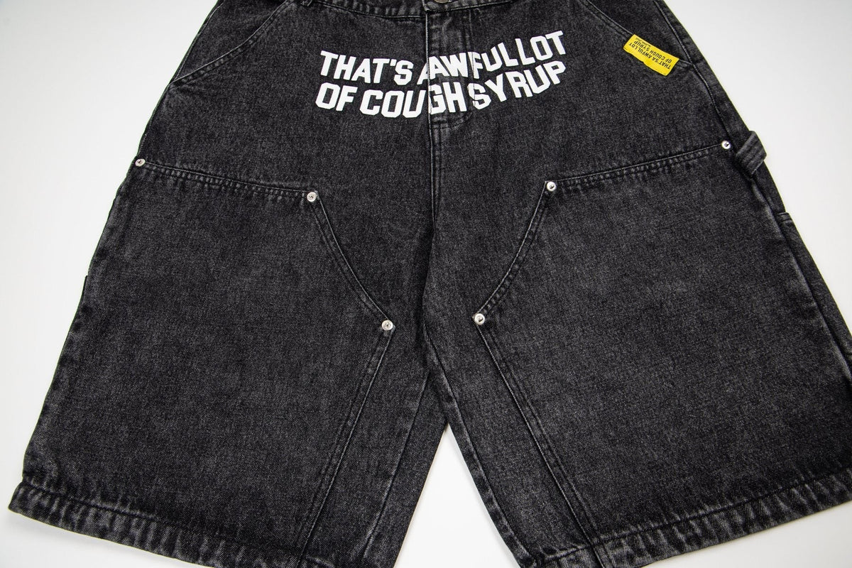 THAT'S A AWFUL LOT OF COUGH SYRUP Washed Denim Graphic Shorts ¡ª front