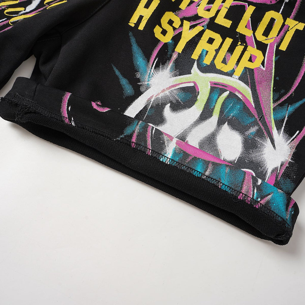 THAT'S A AWFUL LOT OF COUGH SYRUP Black Graphic Drawstring Shorts ¡ª detail