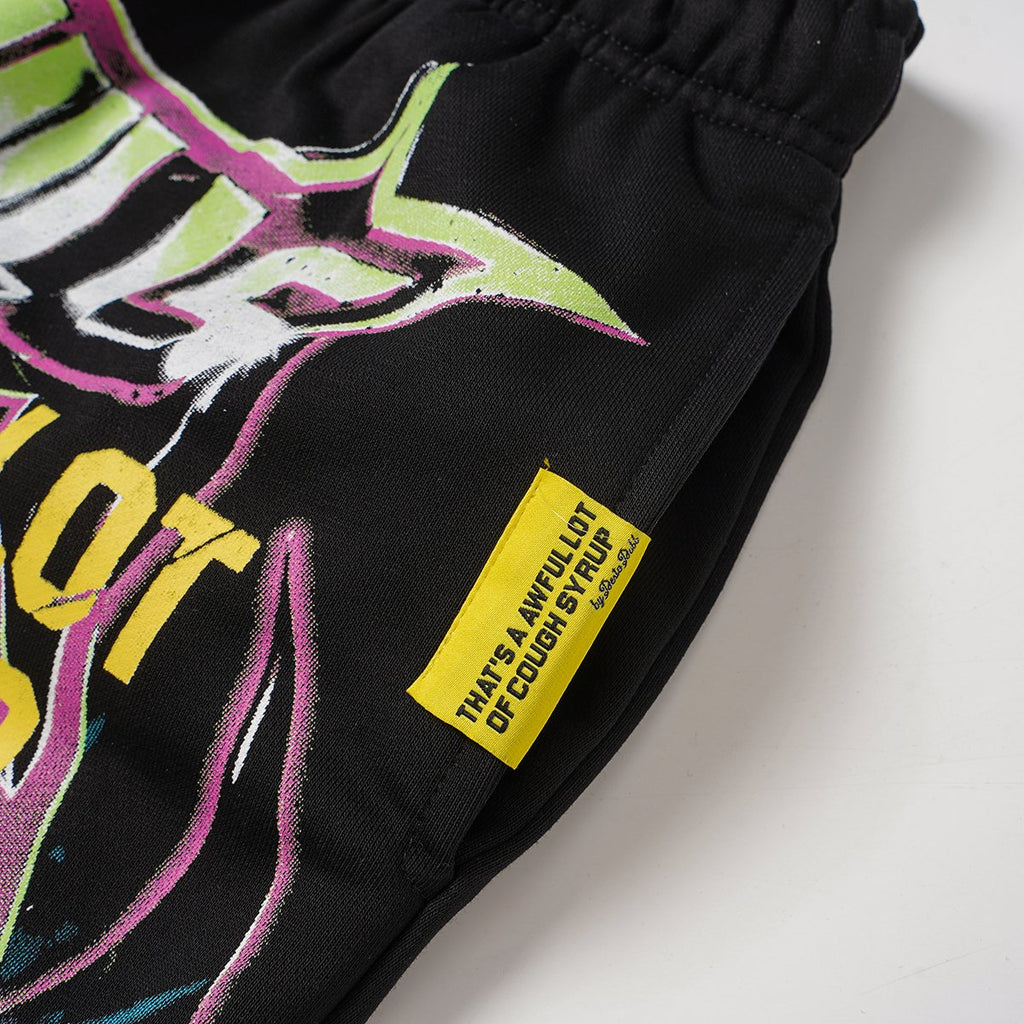 THAT'S A AWFUL LOT OF COUGH SYRUP Black Graphic Drawstring Shorts ¡ª detail