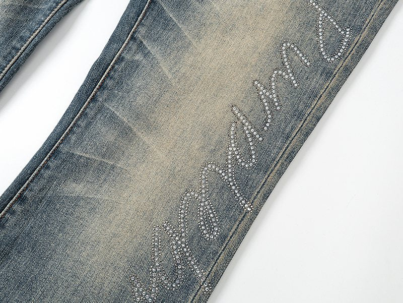Purple Brand Rhinestone Script Flare Jeans ¡ª detail