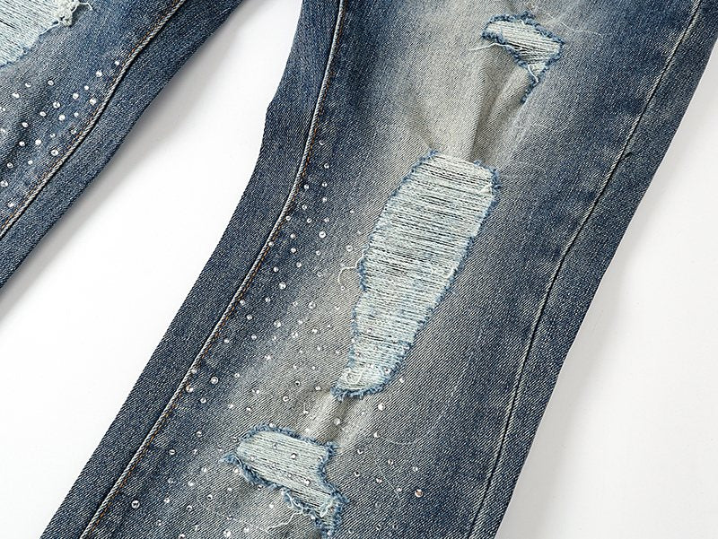 Purple Brand Rhinestone Distressed Flared Jeans ¡ª detail