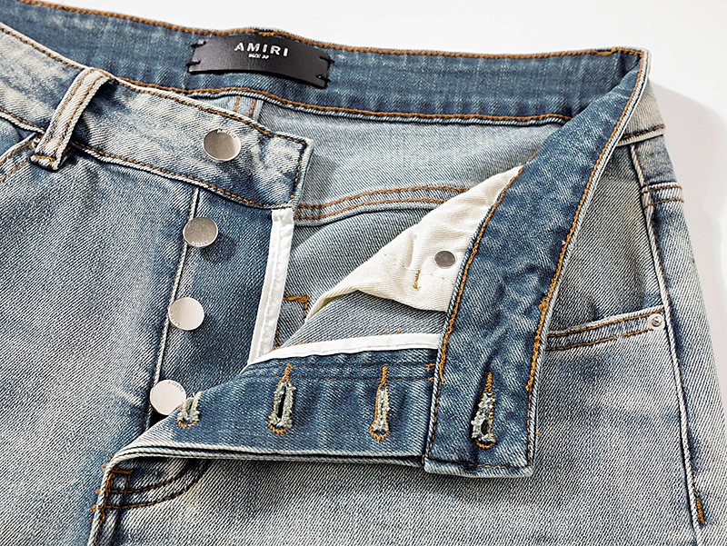 AMIRI Light Blue Distressed Ripped Knee Jeans ¡ª detail