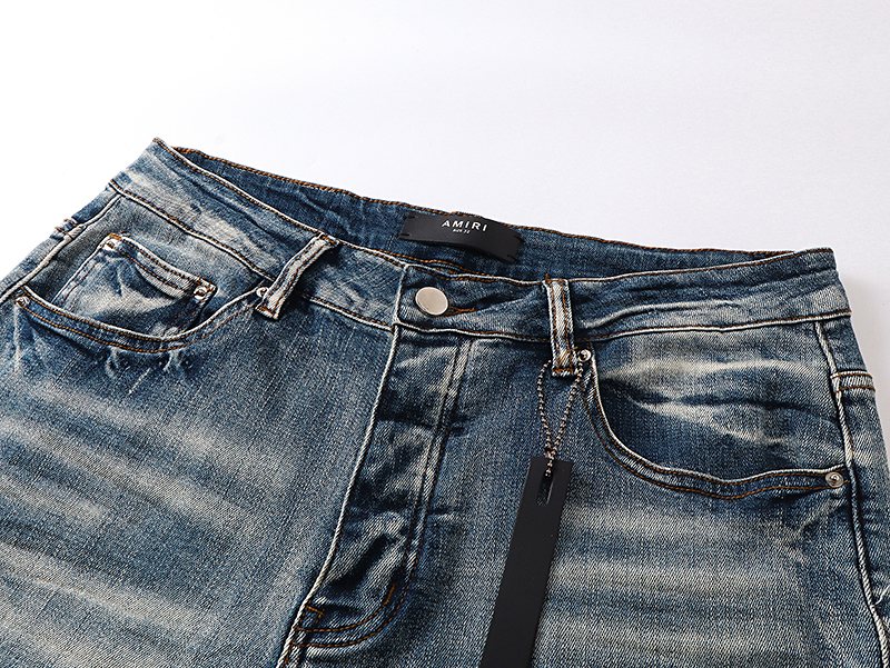 AMIRI Light Blue Distressed Letter Applique Jeans ¡ª detail