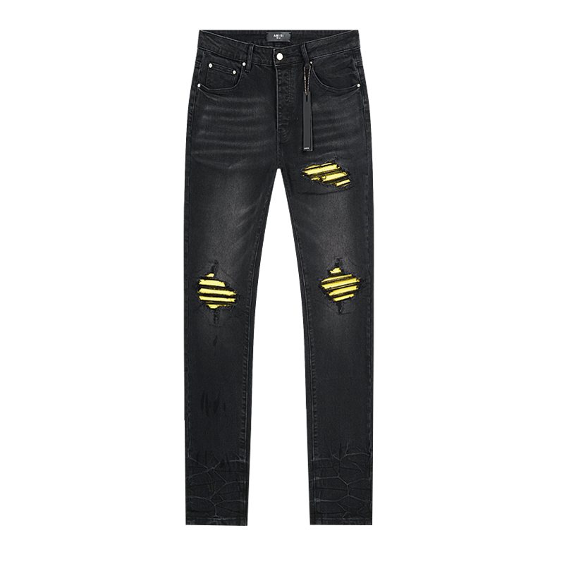 AMIRI Yellow-Backed Distressed Black Jeans ¡ª front