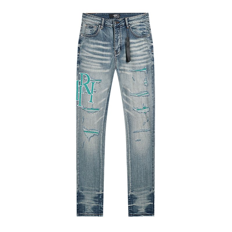 AMIRI Turquoise Embroidered Light Blue Jeans ¡ª front