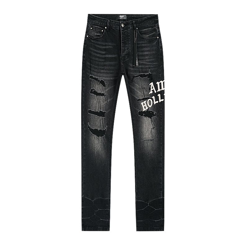 AMIRI Hollywood Lettering Distressed Jeans in Black ¡ª front