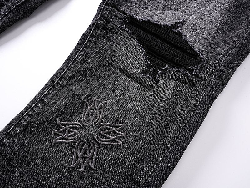 AMIRI Black Distressed Embroidered Jeans ¡ª detail