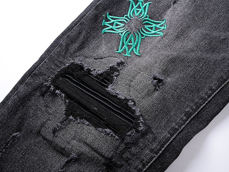 AMIRI Black Distressed Embroidered Jeans ¡ª detail