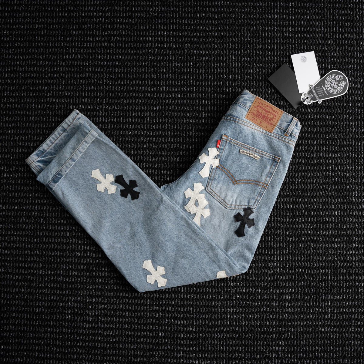 Chrome Hearts Cross Applique Light Blue Jeans ¡ª front