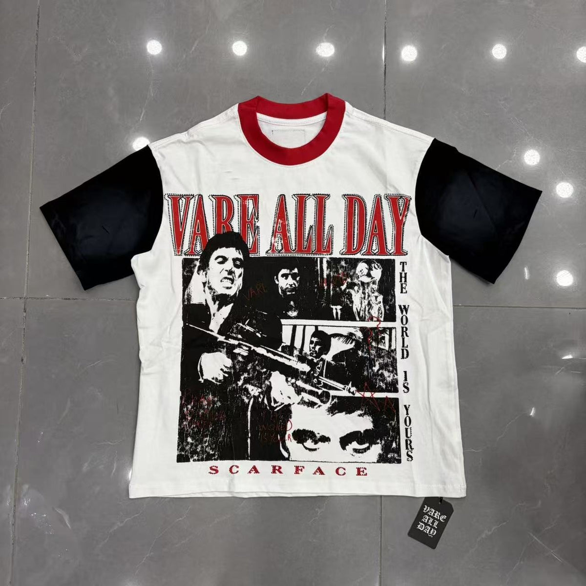 VARE ALL DAY Rhinestone Graphic Contrast-Sleeve T-Shirt ¡ª front