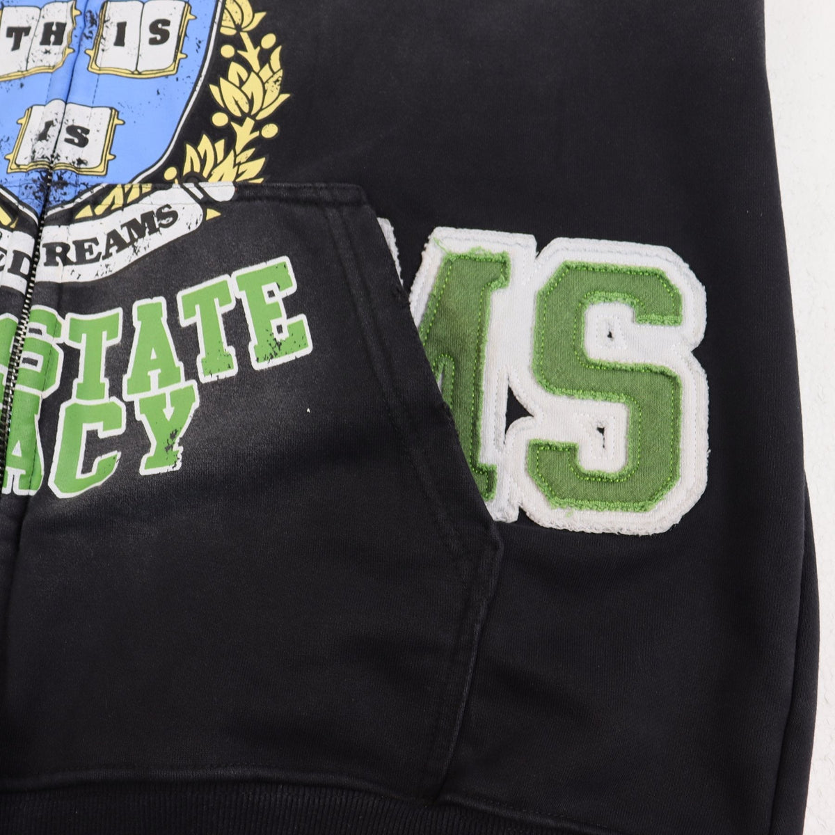 Valley Dreams Washed Black Collegiate Crest Zip Hoodie ¡ª detail