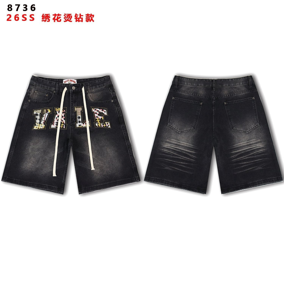 Valley Dreams Plaid Appliqu¨¦ Rhinestone Denim Shorts ¡ª front