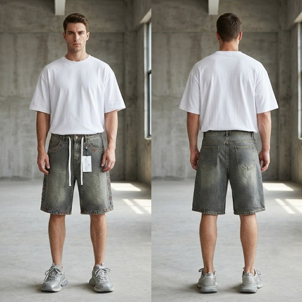 VALLEY Rhinestone Splatter Washed Denim Shorts ¡ª context