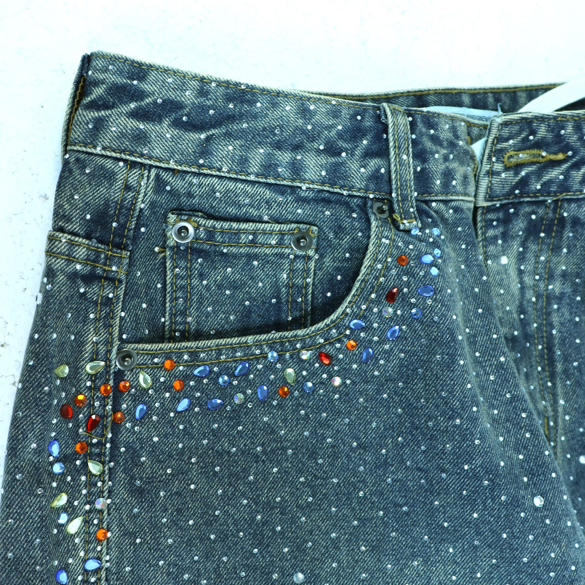 VALLEY Rhinestone Splatter Washed Denim Shorts ¡ª detail