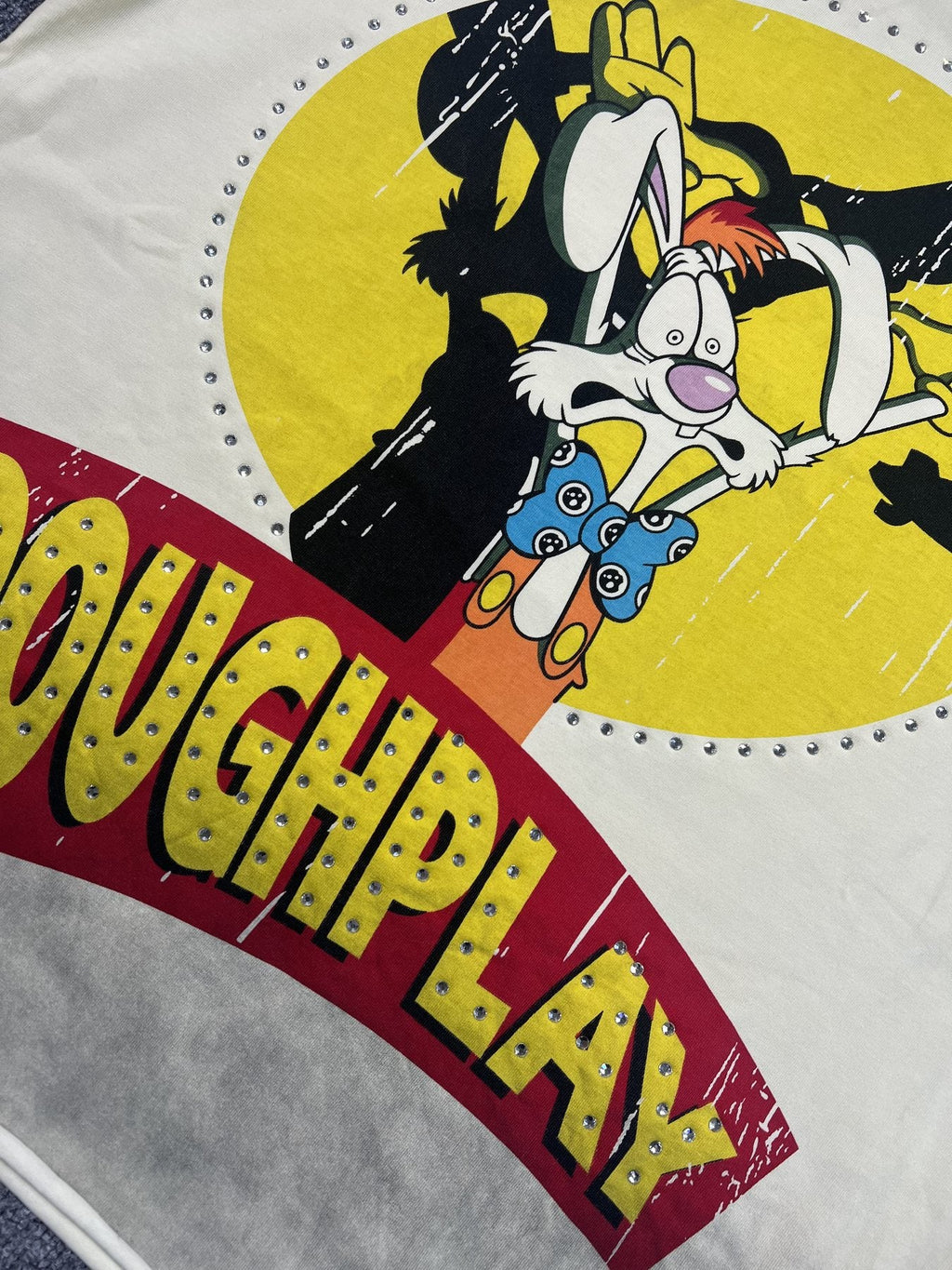 Rough Play Rhinestone Graphic T-Shirt - Cream ¡ª detail