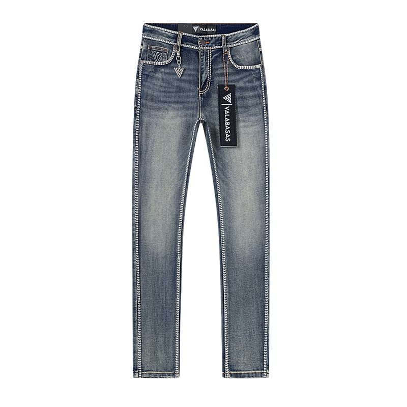 VALABASAS Washed Blue Contrast-Stitch Jeans ¡ª front
