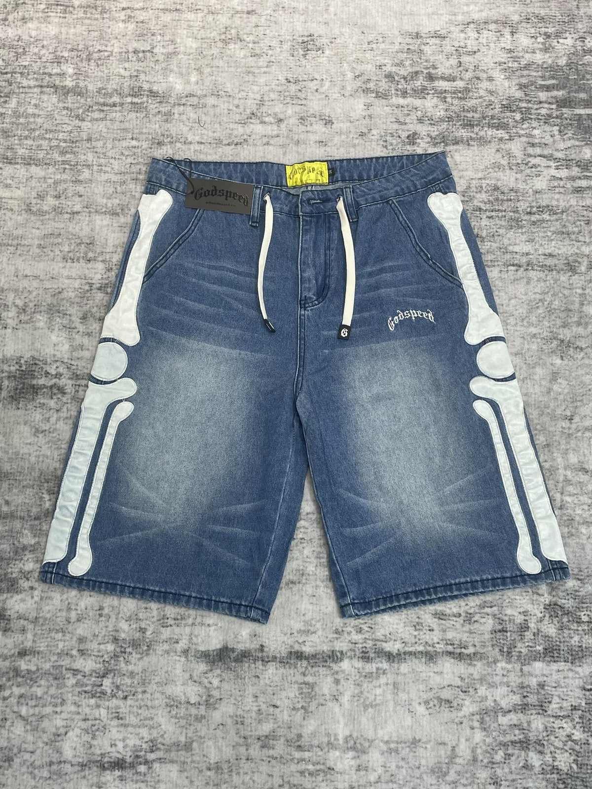 Godspeed Bone Applique Denim Shorts ¡ª front