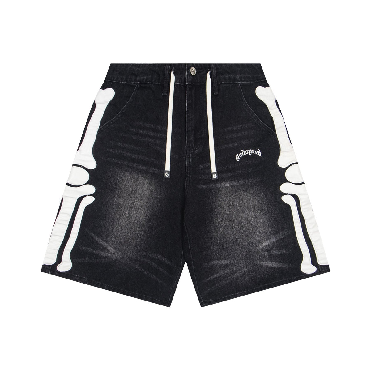Godspeed Bone Applique Denim Shorts ¡ª front