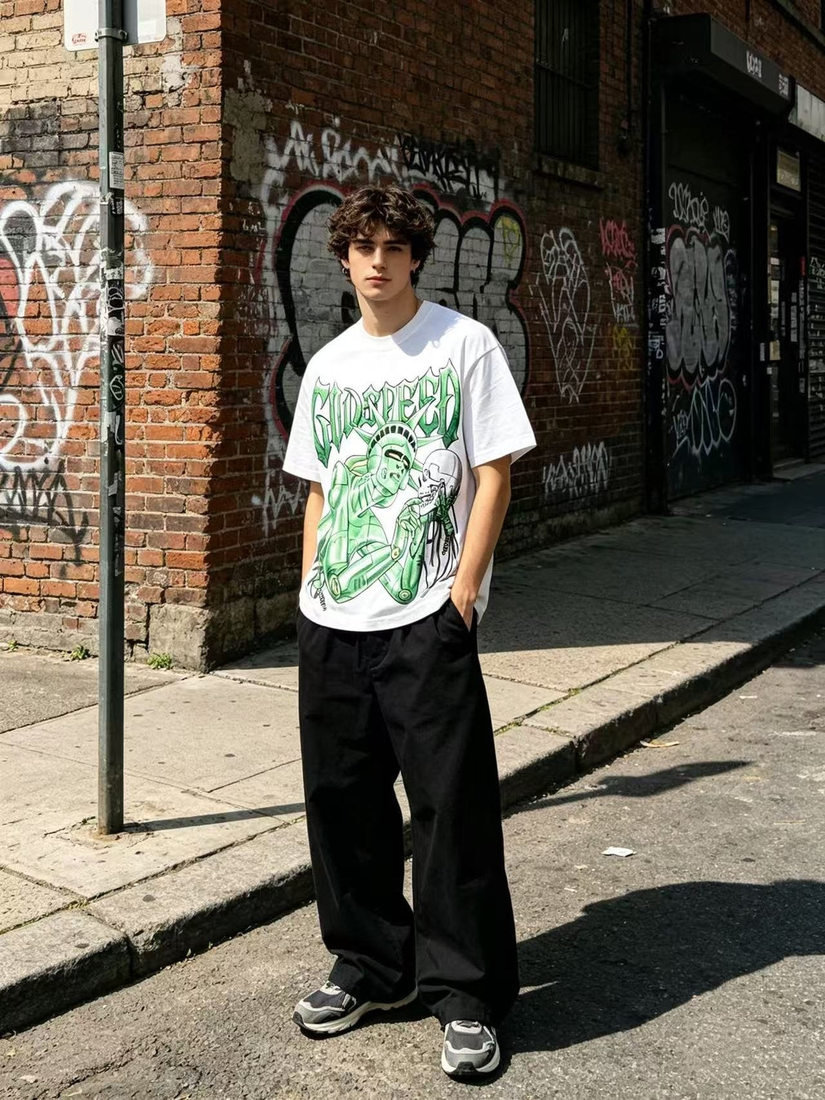 Godspeed Green Front Graphic White T-Shirt ¡ª model